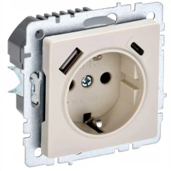 Розетка BRITE РЮш11-1-БрКр 16А с USB A+C 18Вт с заземл. защ. шторки беж. IEK BR-R14-16-U22-018-K10