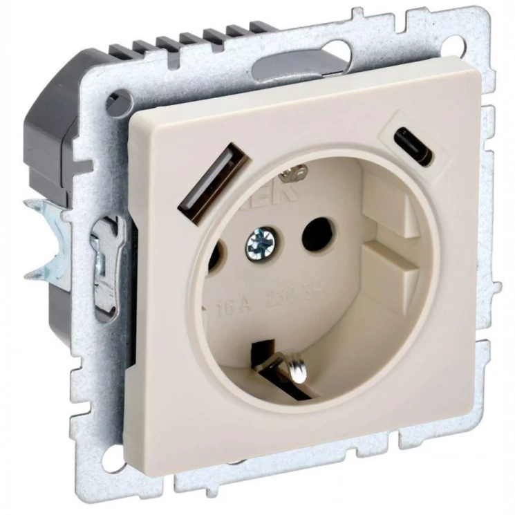 Розетка BRITE РЮш11-1-БрКр 16А с USB A+C 18Вт с заземл. защ. шторки беж. IEK BR-R14-16-U22-018-K10