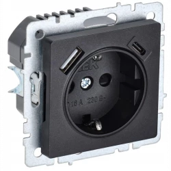Розетка BRITE РЮш11-1-БрЧ 16А с USB A+C 18Вт с заземл. защ. шторки черн. IEK BR-R14-16-U22-018-K02