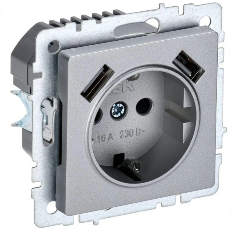 Розетка BRITE РЮш10-2-БрА 16А с USB A+A 3.1А с заземл. защ. шторки алюм. IEK BR-R14-16-U21-D31-K47