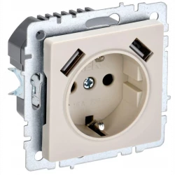 Розетка BRITE РЮш10-2-БрКр 16А с USB A+A 3.1А с заземл. защ. шторки беж. IEK BR-R14-16-U21-D31-K10