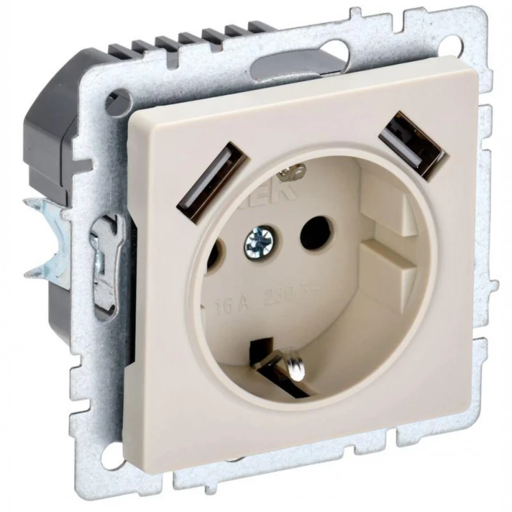 Розетка BRITE РЮш10-2-БрКр 16А с USB A+A 3.1А с заземл. защ. шторки беж. IEK BR-R14-16-U21-D31-K10