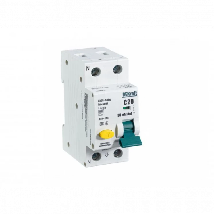 Выключатель автоматический дифференциального тока 2п (1P+N) C 20А 30мА тип AC 6кА ДИФ-103 DEKraft 16