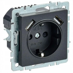 Розетка BRITE РЮш10-2-БрЧ 16А с USB A+A 3.1А с заземл. защ. шторки черн. IEK BR-R14-16-U21-D31-K02