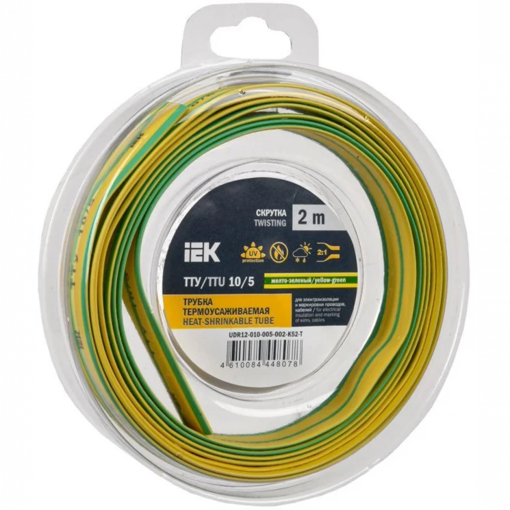 Трубка термоусадочная ТТУ нг-LS 10/5 желт./зел. (уп.2м) IEK UDR12-010-005-002-K52-T