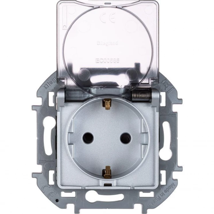 Розетка 1-м СП Inspiria 16А IP44 250В 2P+E защ. шторки с крышкой немецк. стандарт механизм алюм. Leg