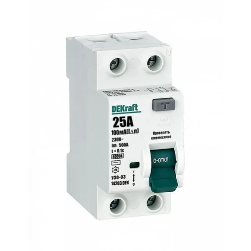 Выключатель дифференциального тока (УЗО) 2п 25А 10мА тип AC 6кА УЗО-03 DEKraft 14203DEK
