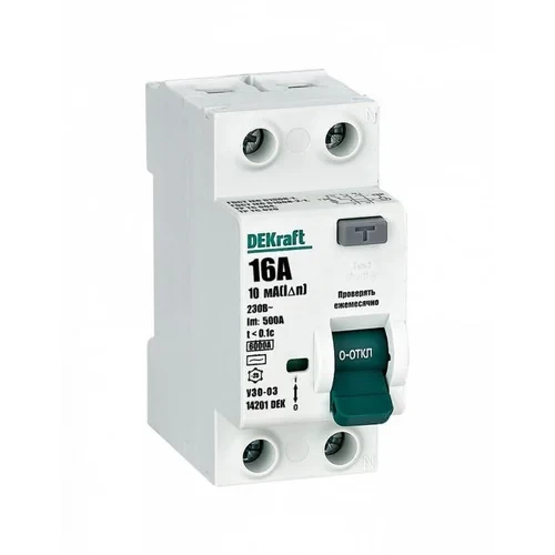 Выключатель дифференциального тока (УЗО) 2п 16А 10мА тип AC 6кА УЗО-03 DEKraft 14201DEK