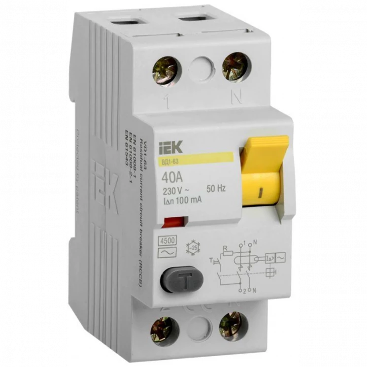 Выключатель дифференциального тока (УЗО) 2п 40А 100мА тип AC ВД1-63 IEK MDV10-2-040-100