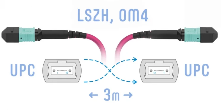 Патчкорд оптический MPO/UPC FF MM (50/125 OM4), 12 волокон, 3 метра (Cross)