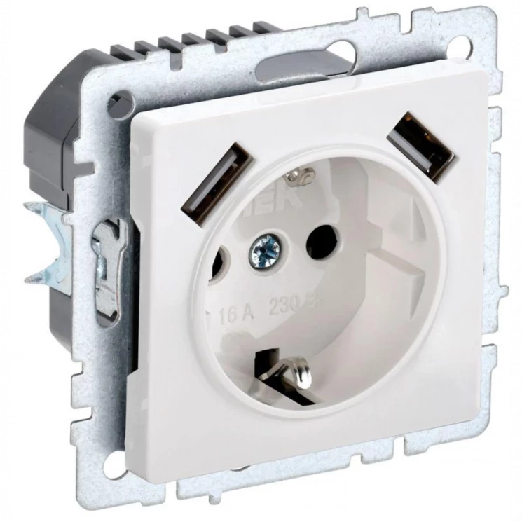 Розетка BRITE РЮш10-1-БрБ 16А с USB A+A 2.1А с заземл. защ. шторки бел. IEK BR-R14-16-U21-D21-K01