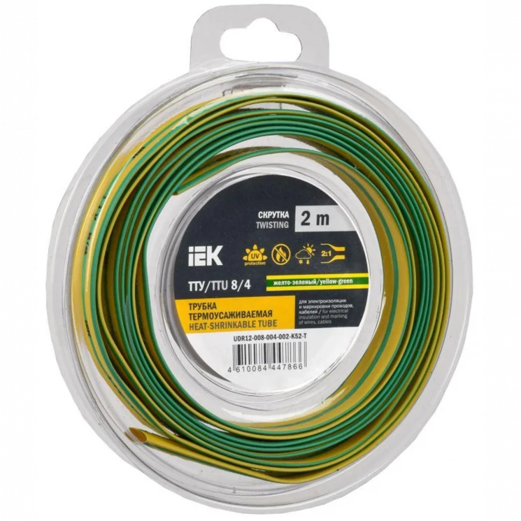 Трубка термоусадочная ТТУ нг-LS 8/4 желт./зел. (уп.2м) IEK UDR12-008-004-002-K52-T