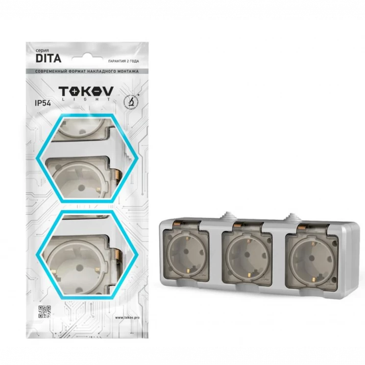 Розетка 3-м ОП Dita 16А IP54 250В с заземл. с прозр. крышкой сер.TOKOV ELECTRIC TKL-DT-R3Z-C06T-IP54