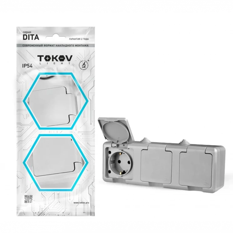 Розетка 3-м ОП Dita 16А IP54 250В с заземл. с сер. крышкой сер. TOKOV ELECTRIC TKL-DT-R3Z-C06-IP54