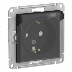 Розетка 1-м СП AtlasDesign Aqua 16А IP44 с заземл. защ. шторки с прозр. крышкой механизм карбон SE A
