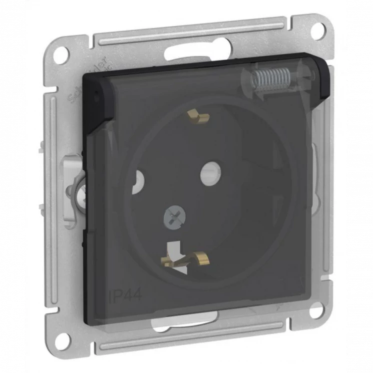 Розетка 1-м СП AtlasDesign Aqua 16А IP44 с заземл. защ. шторки с прозр. крышкой механизм карбон SE A
