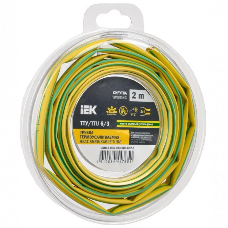 Трубка термоусадочная ТТУ нг-LS 6/3 желт./зел. (уп.2м) IEK UDR12-006-003-002-K52-T