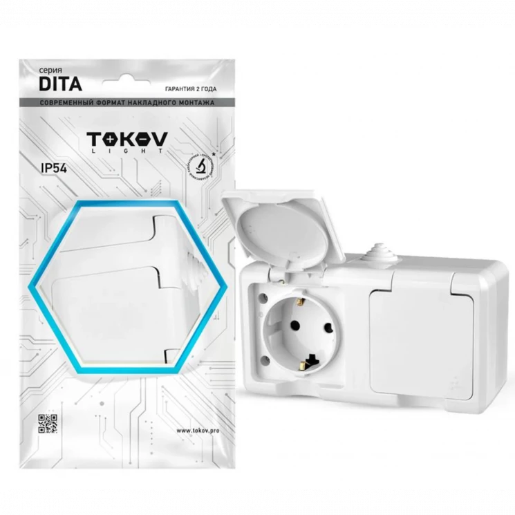 Розетка 2-м ОП Dita 16А IP54 250В с заземл. с крышкой бел. TOKOV ELECTRIC TKL-DT-R2Z-C01-IP54