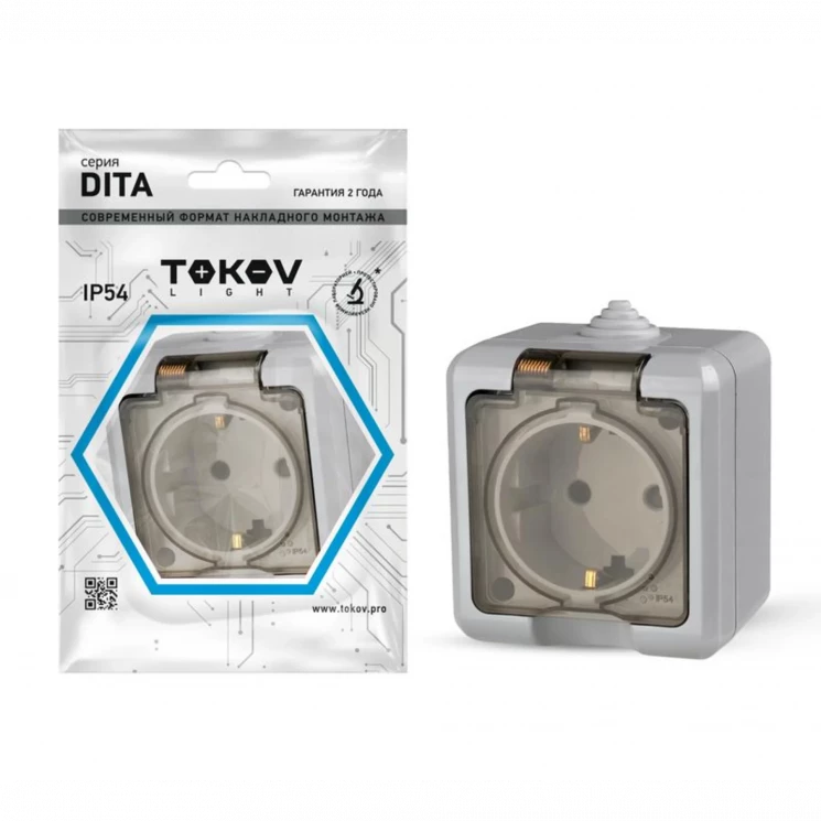 Розетка 1-м ОП Dita 16А IP54 250В с заземл. с прозр. крышкой сер. TOKOV ELECTRIC TKL-DT-R1Z-C06T-IP5