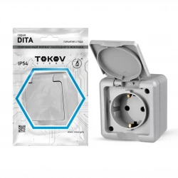 Розетка 1-м ОП Dita 16А IP54 250В с заземл. с крышкой сер. TOKOV ELECTRIC TKL-DT-R1Z-C06-IP54