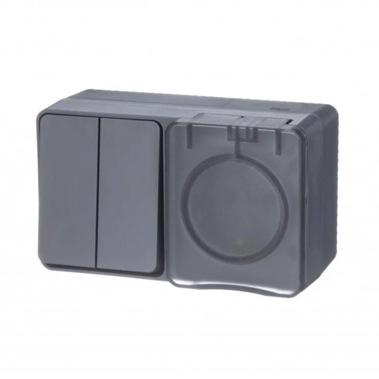 Блок ОП AtlasDesign Profi54 (розетка 16А 250В с заземл. защ. шторки + 2-кл. выкл. 10А) IP54 антрацит