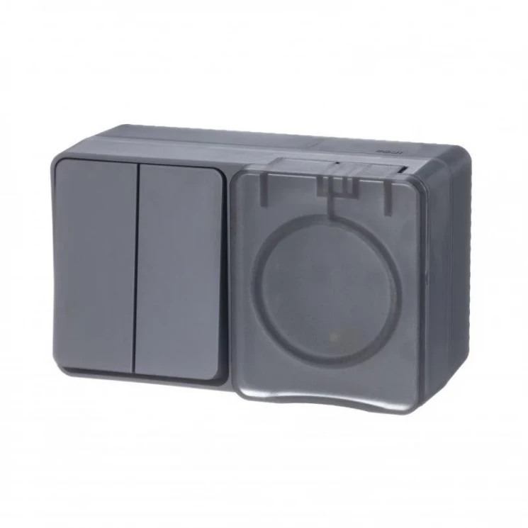 Блок ОП AtlasDesign Profi54 (розетка 16А 250В с заземл. защ. шторки + 2-кл. выкл. 10А) IP54 антрацит