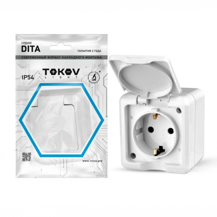 Розетка 1-м ОП Dita 16А IP54 250В с заземл. с крышкой бел. TOKOV ELECTRIC TKL-DT-R1Z-C01-IP54